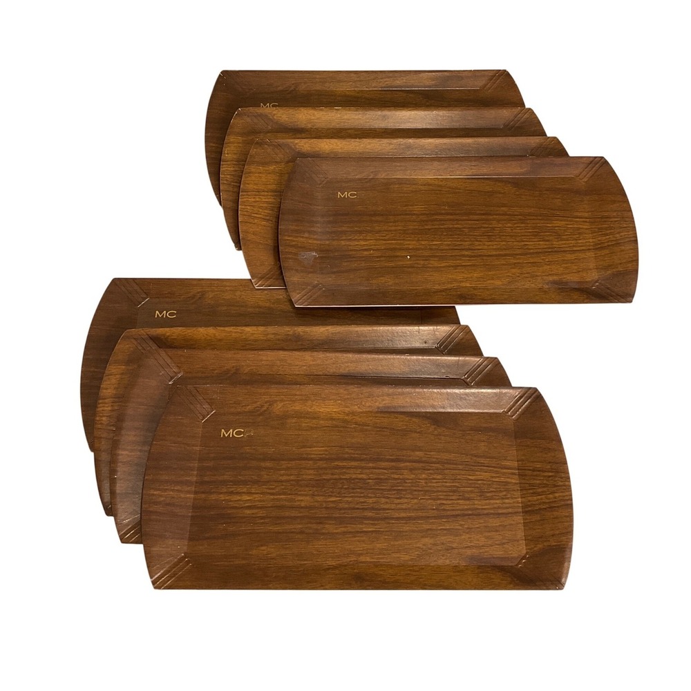 Vtg Haskelite Lap Trays Set 8 Mid Century Faux Wood Grain Lithograph 1940s MCM